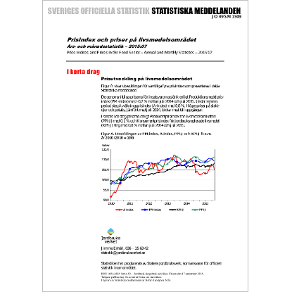 Omslags bild för Prisindex och priser på livsmedelsområdet,  Års- och månadsstatistik - 2015:07