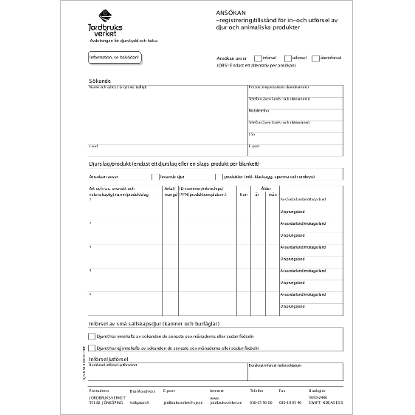 Omslags bild för Ansökan -om registrering/tillstånd för in- och utförsel av djur och animaliska produkter